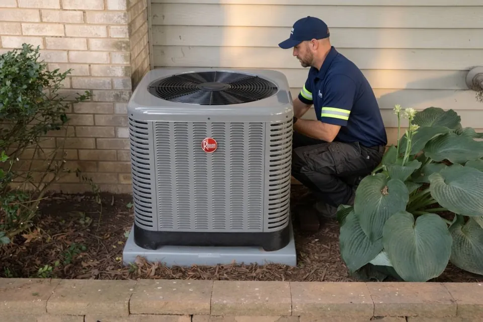 HVAC technician repairing Rheem air conditioner in Charlotte NC