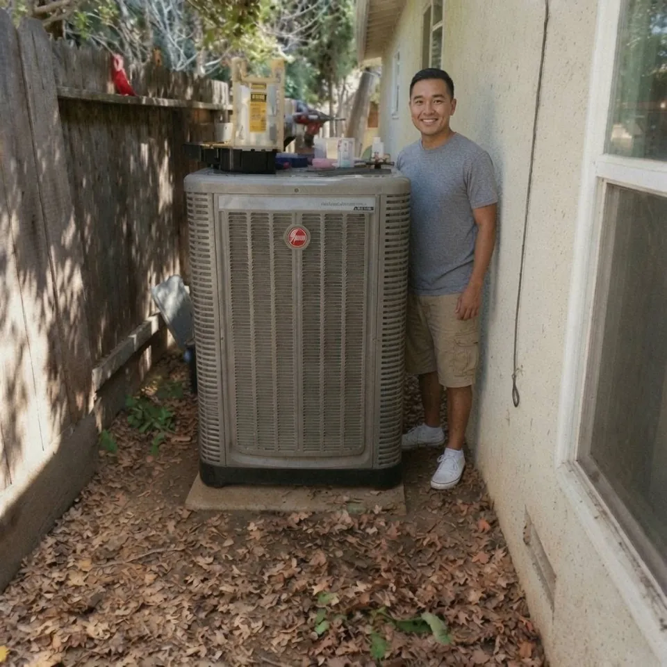 HomeHeroes technician beside Rheem HVAC system in Charlotte NC
