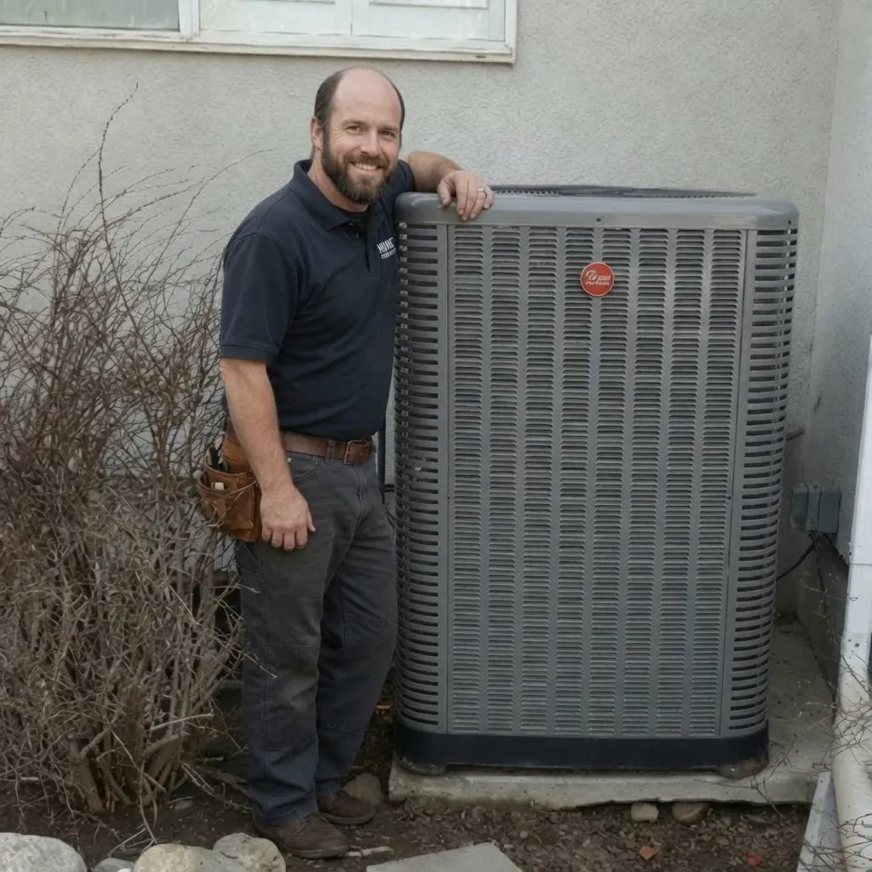 HVAC technician standing beside Rheem air conditioning system in Charlotte NC