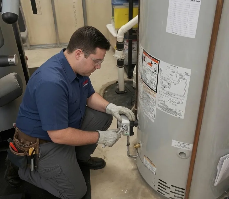 Technician performing water heater repair in Charlotte NC