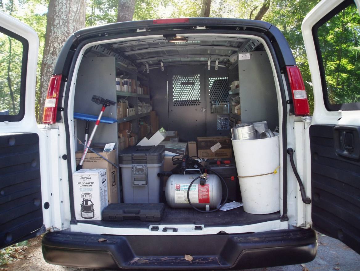 Fully stocked HomeHeroes service van loaded with appliance parts and tools